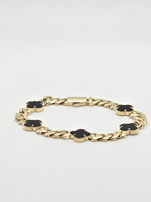 Pulsera cadena semisolida trebol negro 6mm